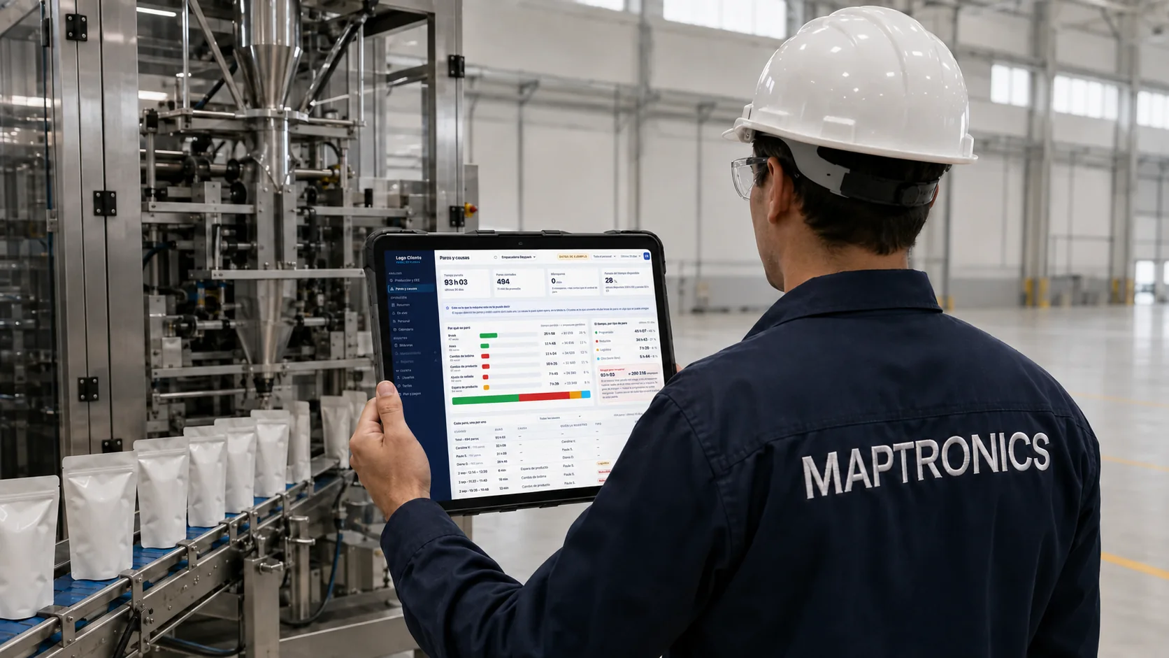 Ilustración del panel de monitoreo de Maptronics: unidades por minuto en vivo, acumulado del mes y estado de la máquina